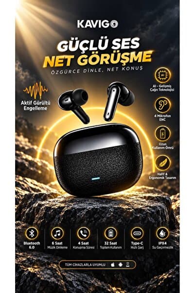 kawigo Bluetooth Kulaklık 6.0 Kablosuz Kulak İçi Kulaklık ANC ENC 4 Mikrofon Kulaklık Type-C Hızlı Şarj 32 Saat IPX4
