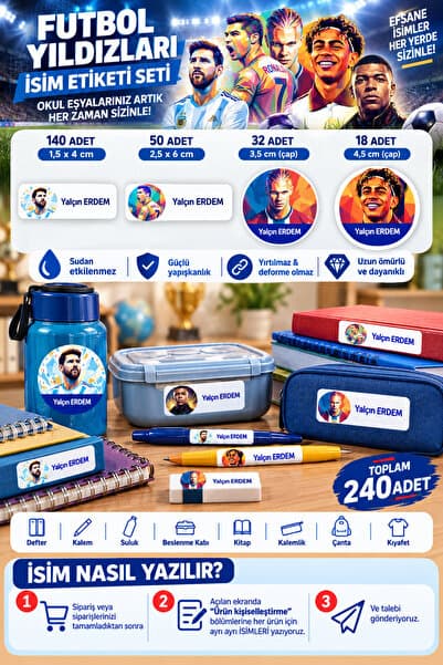 Aysprint Okul Etiketi Kırtasiye Defter Kalem Matara Çanta Kalem - İsme özel okul etiketi - Futbol Yıldızları