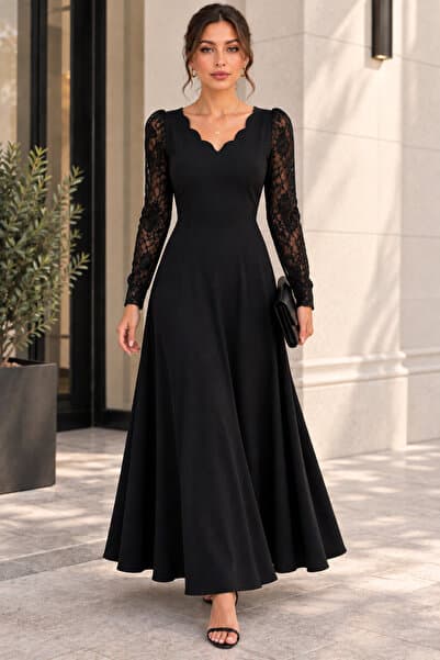 DRESSIFY WOMEN’S FASHION Kadın Uzun Kollu Dalgalı V Yaka Dantel Kol Detaylı Krep Uzun Abiye Elbise
