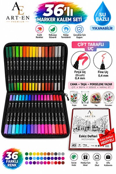Art-en 36 Lı Çift Taraflı Uçlu Fırça Uç Ve 0.4 Mm Fine Uçlu Marker Kalem seti Çantalı kalem Seti