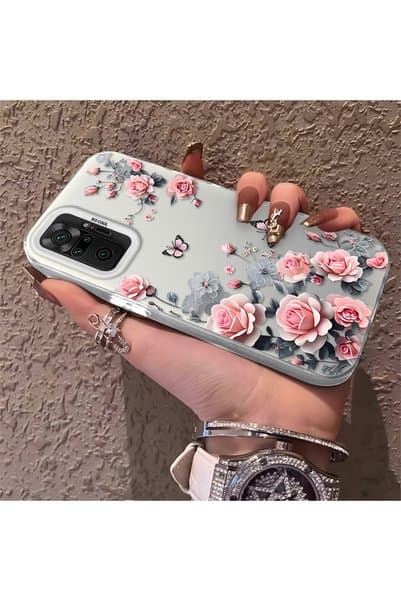 SLIMFELT Redmi Note 10 Pro Uyumlu Pembe Gül Kelebek Baskılı Kılıf, Tatlı ve Zarif Tasarım