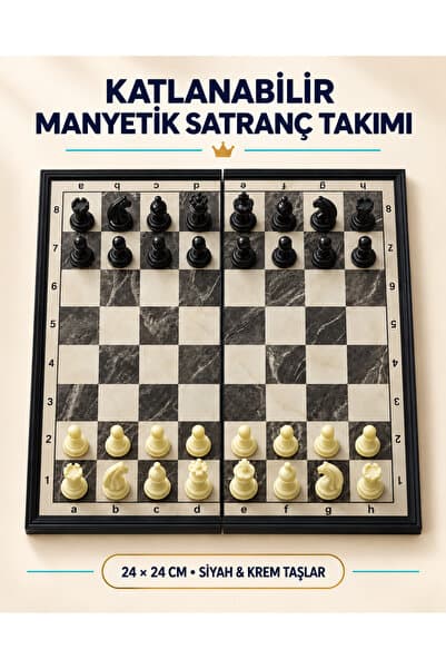 METTREND 24x24 cm Katlanabilir Mıknatıslı Satranç Takımı Siyah Krem Taşlı Seyahat Oyunu