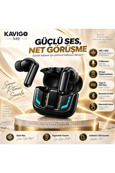 kawigo ANC ( Aktif Gürültü Engelleme ) Bluetooth Kulaklık 4 Mikrofonlu Bluetooth Kulaklık, Derin Bass, 35 Saat Kullanım, 40 Dakikada Hızlı Şarj