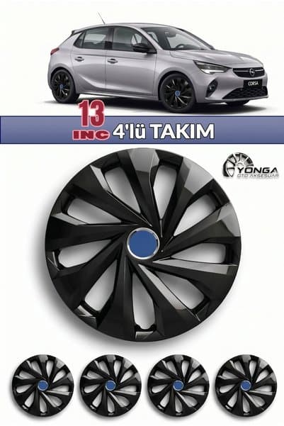 YONGA OTO AKSESUAR OPEL CORSA 13 İnç Jant Kapağı 4'lü Set Piano Black + 4 Amblem + 8 Cırt Kelepçe