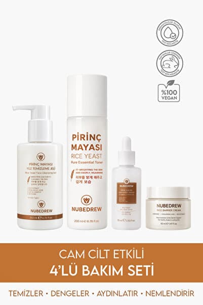 NUBEDREW Pirinç Mayası 4'lü Premium Cam Cilt Bakım Seti | Temizleme Jeli, Tonik, Serum ve Nemlendirici Krem