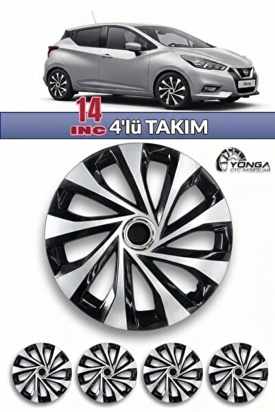 YONGA OTO AKSESUAR NİSSAN MICRA 14 İnç Jant Kapağı 4'lü Set Siyah Gümüş + 4 Amblem + 8 Cırt Keleçe