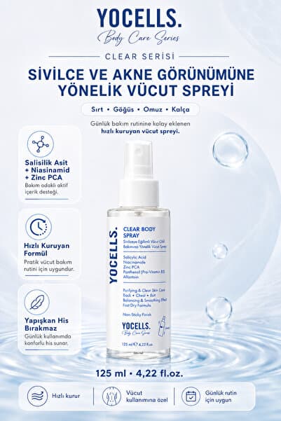 YoCells Sırt Göğüs Kalça ve Akne Görünümüne Yönelik Vücut Spreyi Salisilik Asit Niasinamid Zinc PCA 125 ml