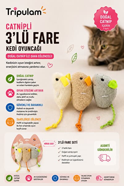 TRİPULAM Catnipli 3’lü Mini Fare Kedi Oyuncağı – Doğal Catnipli Mini Peluş Fare Seti