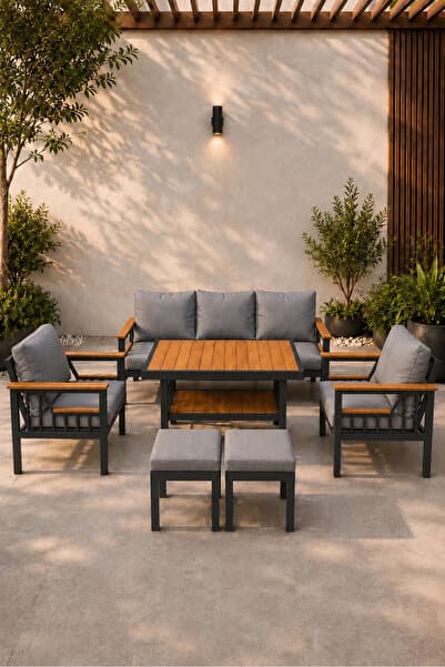 asaella mobilya Sole Serisi Balkon Takımı, 3-1-1 Antrasit Bahçe Takımı, (3'lü Koltuk 70x180, 2 Tekli Koltuk 70x70, Masa 70x110, 2 puf)