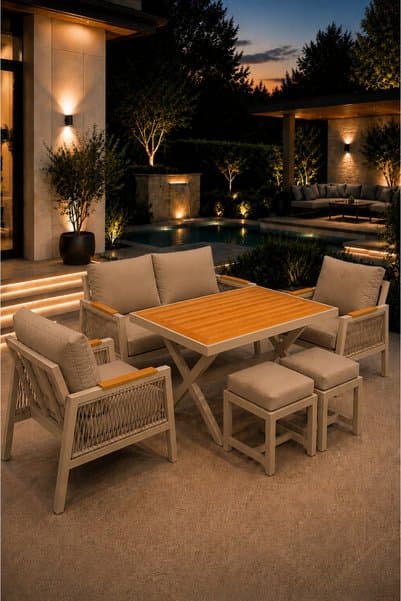 asaella mobilya Garden Serisi Balkon Takımı, 2-1-1 Cappuccino Bahçe Takımı, (2'li Koltuk 70x150, 2 Tekli Koltuk 70x70, Masa 70x110, 2 puf)