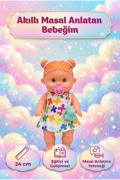 Tıfıl Toys Masal Anlatan Etkileşimli ve Eğitici Emzikli Dil Gelişimi Destekleyen Pilli 24 CM Oyuncak Et Bebek