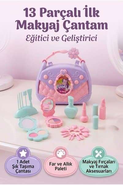 Tıfıl Toys İlk Makyaj Çantam Renkli Far ve Allık Paletli Makyaj Fırçalı 13 Parçalı Oyuncak Makyaj Seti