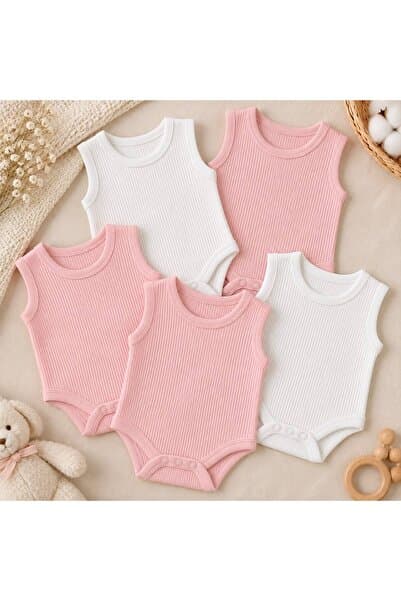 SPARKLY BABY %100 Organik Pamuk 5'li BEYAZ PEMBE KOLSUZ Bebek Body RİBANA