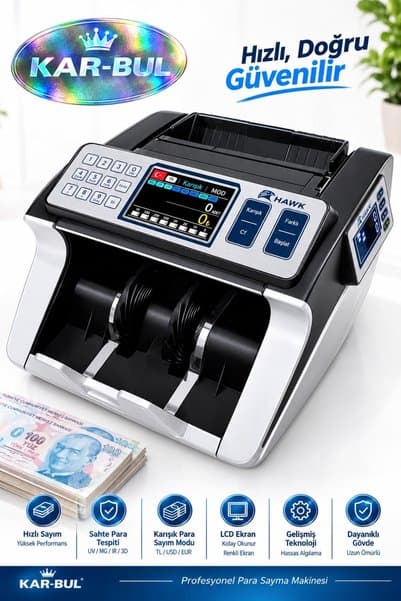 kar-bul üç ekranlı Para Sayma Makinesi-TL ve EURO Karışık Para Sayma ve Dolar Adetli Sayma Özelliği-MG-UV-IR Geçersiz / Sahte Para red eder