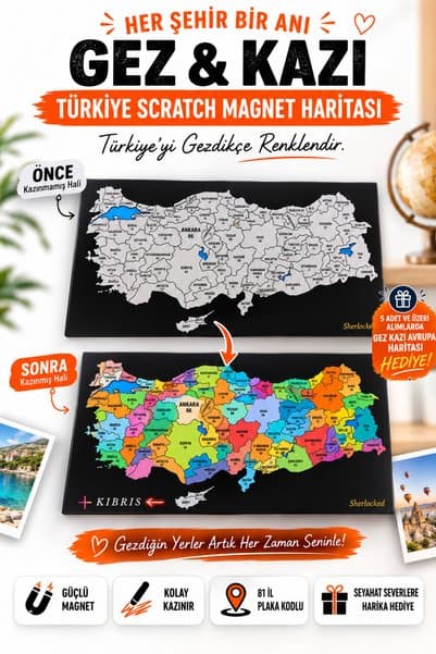 Sherlocked Gez Kazı Magnet Türkiye Haritası 10x15 cm | Kolay Kazınabilir Scratch Map | Buzdolabı Magneti | Seyahat Hediyesi | Harita | Travel