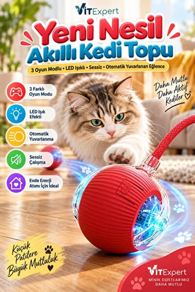 Vitexpert Yeni Nesil Şarjlı 3 Oyun Modlu LED Işıklı Akıllı İnteraktif Otomatik Yuvarlanan Kedi Oyun Topu Sessiz Çalışma Kedi Zeka Oyuncağı Refleks Geliştirici Enerji Atma İçin Hareketli Kuyruklu Kedi Oyuncağı