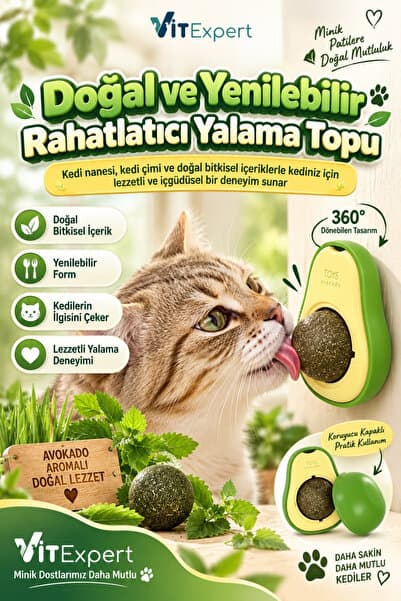 Vitexpert Doğal & Yenilebilir Kedi Nanesi Catnip Yalama Topu Doğal Yenilebilir Kedi Otu Avokado Kedi Çimi Topu 360 Derece Dönen Yapışkanlı Duvara Yapışan Stres ve Can Sıkıntısını Azaltmaya Yardımcı Oyun Topu