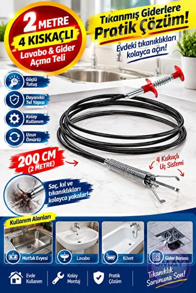 ibico 2 Metre Lavabo Açma Teli Tıkalı Banyo Lavabo Deliği Gider Boru Açma Teli (4 Kıskaçlı)