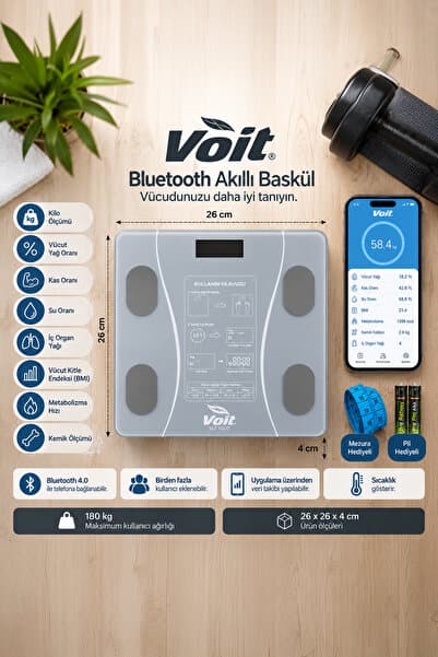 Voit Akıllı Bluetooth Dijital Baskül - Yağ Ölçer - Vücut Analizi-Yağ Su Kas Vücut Kitle Endeksi Kilo Ölçer Tartı