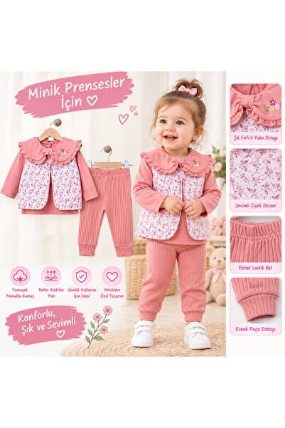 air baby ÇİÇEK DETAYLI 3LÜ KIZ BEBEK TAKIM