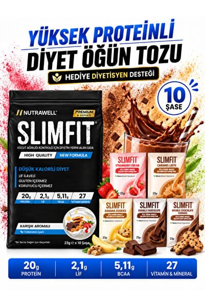Nutrawell SLIMFIT Mix 10 Öğün 5 Aroma - Detoks Etkili -Öğün Yerine Geçen Shake, Whey Proteinli Öğün Tozu, Detox 99Kcal