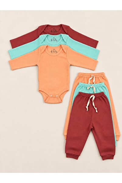 EFU BABY 3'lü %100 Pamuklu Unisex Esnek Uzun Kol Kaşkorse Bebek Body Pantolon Takım