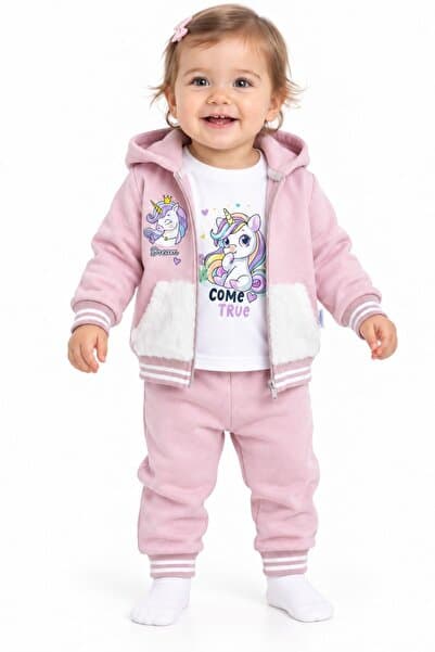 Chicsy Baby Tatlı Unicorn Baskılı Kız Bebek 3’lü Eşofman Takımı Premium 3 İplik Şardonlu Kapüşonlu Fermuarlı Kışlık Takım