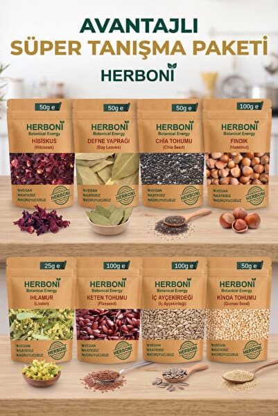 HERBONİ 8'li Avantaj Süper Tanışma Paketi (Ihlamur - Defne - Fındık - Keten - Hibiskus - Kinoa - Chia - İç Ayçekirdeği)