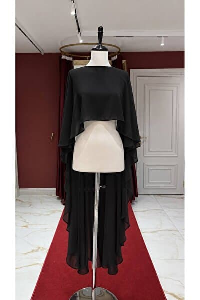 Ezni Atelier Siyah Şifon Gelin Pelerini 140 cm | Transparan Siyah Abiye Pelerini | Uzun Abiye Pelerini | Zarif Düğün Pelerini