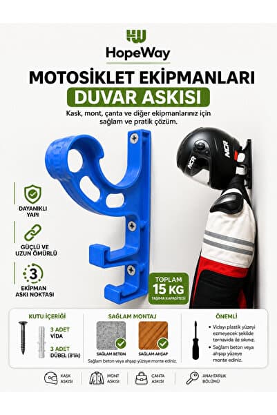 HopeWay Home Motosiklet Kask ve Ekipman Askısı - Kask, Mont ve Ağır Ekipmanlar İçin Duvar Askısı (MAVİ)