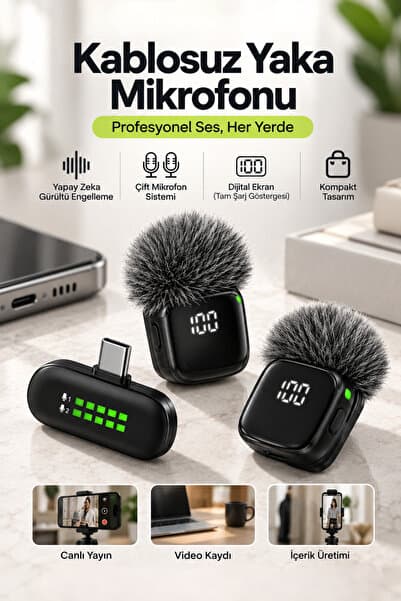 Yussraw Blic PRO++ BWC-09 Çift Kablosuz Yaka Mikrofonu Type-C, AI Gürültü Azaltma, Dijital Ekran, 6-7 Saat K