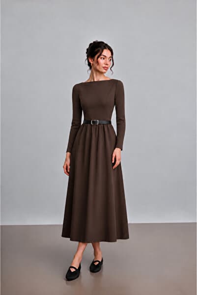 Nika Fashion Kadın Uzun Kollu Kemerli Midi Elbise Kayık Yaka Elbise