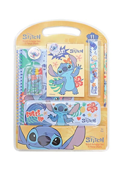 Frocx Stitch Ohana 11 Parça Kırtasiye Seti - A5 Spiralli Defter, A6 Not Defteri, Metal Kalemlik, Kurşun Kalem, 4 Pastel Boya, Cetvel, Silgi ve Kalemtıraş, Çocuklar İçin Okul ve Boyama Seti