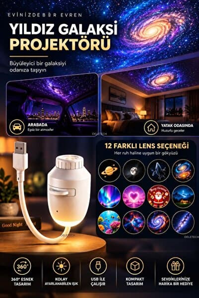 Deletech Yıldız Galaksi Projektörü 12’si 1 Arada | Tavan Yansıtmalı Uzay ve Gökyüzü Projektörü | Gece Lambası | Oda Aydınlatma | 12 Farklı Lens