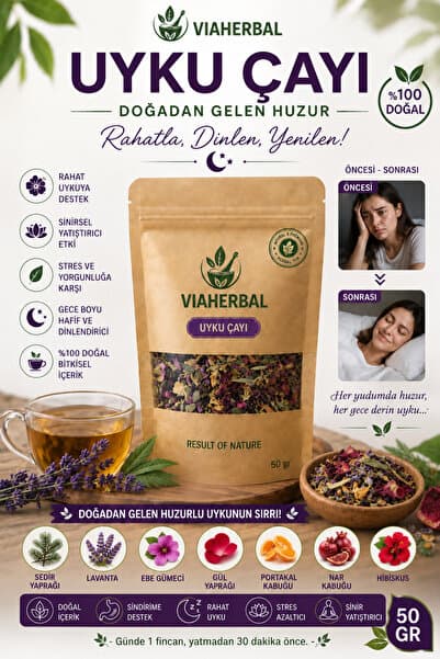 VIAHERBAL UYKU ÇAYI - GECE BOYU HUZUR VE SAKİNLİK SAĞLAYAN DOĞAL BİTKİ KARIŞIMLI UYKU ÇAYI 50 GR