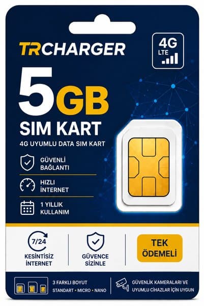 TRCharger 4G 60GB Sim Kartı 1 Yıllık Tek Ödeme Data m2m Hattı Güvenlik Kamerası Hattı