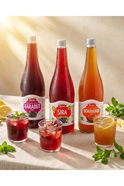 ŞİRAZ Doğal Karadut Şerbeti 1 Litre& Doğal Üzüm Şırası 1 Litre & Doğal Demirhindi Şerbeti 1 Litre 3'lü Set