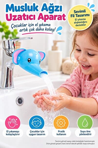 TOYFEST Musluk Ağzı Uzatıcı Aparat Çocuk El Yıkama Yardımcısı Lavabo Başlığı Fil Figürlü 10x10x6,5 cm