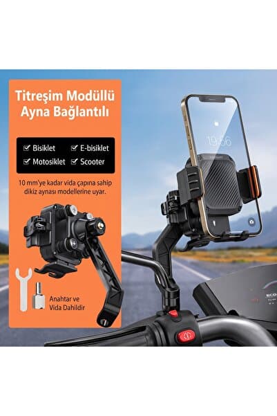 KARAN SHOP Ayna Bağlantılı Titreşim Modüllü Motosiklet Telefon Tutucu - Titreşim Önleyicili 4 Eksenli Şok Emici