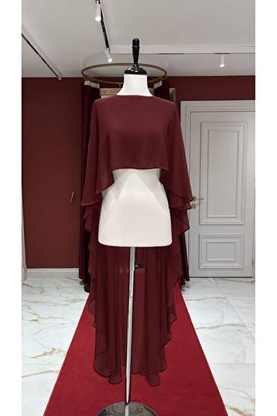Ezni Atelier Bordo Şifon Abiye Pelerini 140 cm | Transparan Abiye Pelerini | Uzun Abiye Pelerini | Zarif Düğün Pelerini