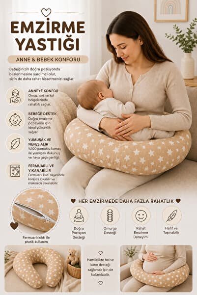 PufLabs Bebek Emzirme Yastığı Fermuarlı Yıkanabilir Elyaf Dolgulu Anne Bebek Destek Yastığı