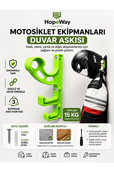HopeWay Home Motosiklet Kask ve Ekipman Askısı - Kask, Mont ve Ağır Ekipmanlar İçin Duvar Askısı (YEŞİL)