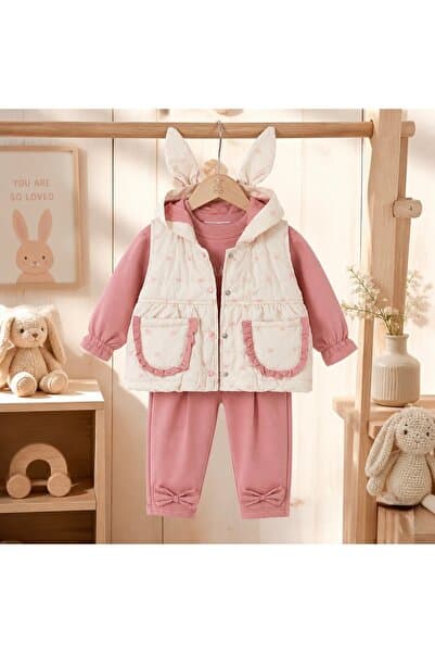 Beybifresh Kız bebek yelekli 3lü Takım tavşan şapkalı