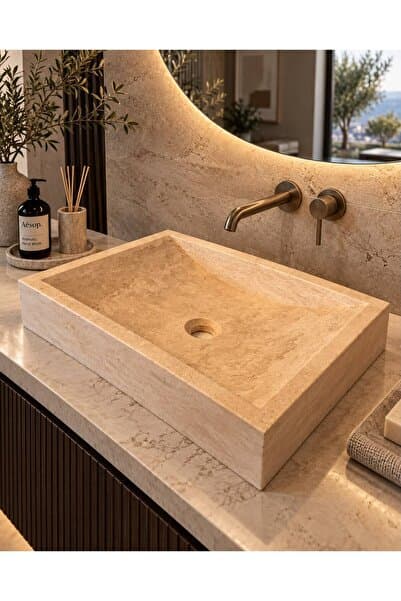 Estom Stone TRAVERTEN LAVABO, KARE OVAL KÖŞE EĞİK GİDER