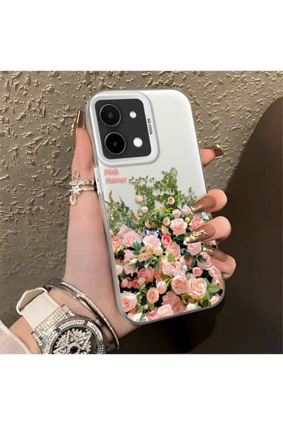 CHICASELUX Vivo Y28 4G Uyumlu Pembe Gül Çiçek Denizi Telefon Kılıfı, Çiçek Çizimi Sanat Baskısı
