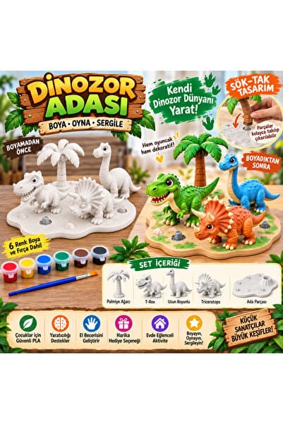 GEZEGENX Dinozor Adası Boyama Seti, 6 Adet Boya, Boya Fırçası,Sök Tak Sergile Boya Seti