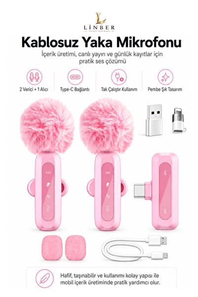 Linber Pembe Kablosuz Yaka Mikrofonu 2.4G Type-C / Lightning Uyumlu Gürültü Azaltmalı Mini Vlog Canlı Yayın Röportaj Mikrofonu