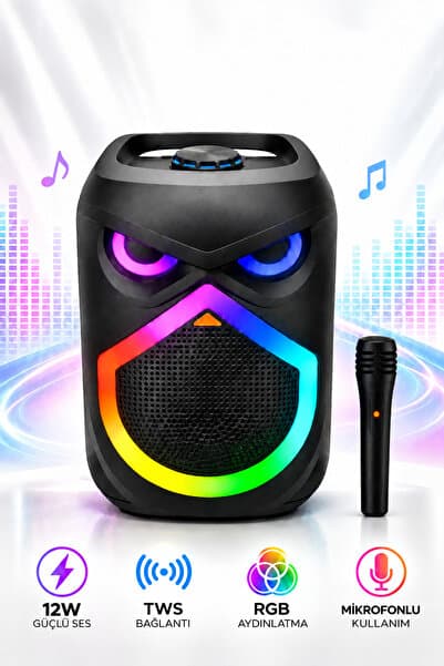 Omaze Bluetooth Hoparlör Karaoke Kablosuz Mikrofonlu 8 İnç Taşınabilir RGB Işıklı Şarjlı TWS USB FM