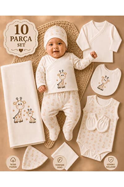 Petino Yenidoğan Hastane Çıkışı 10'lu Set 100% Pamuk Zürafa Desenli Ekru Unisex Bebek Seti