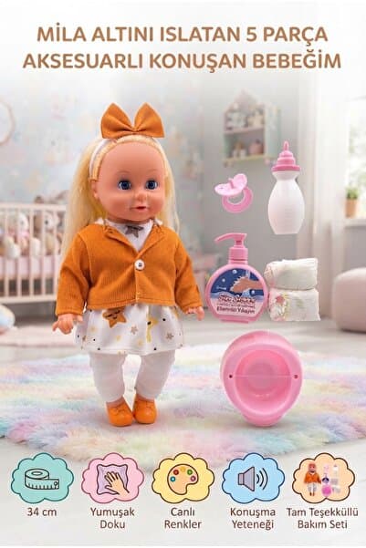 Tıfıl Toys Mila Altını Islatan Konuşan 34 cm 5 Parça Bebek Bakımı Eğitici Aksesuarlı Oyun Seti